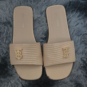 Burberry Tan Slide Sandals with Gold Logo